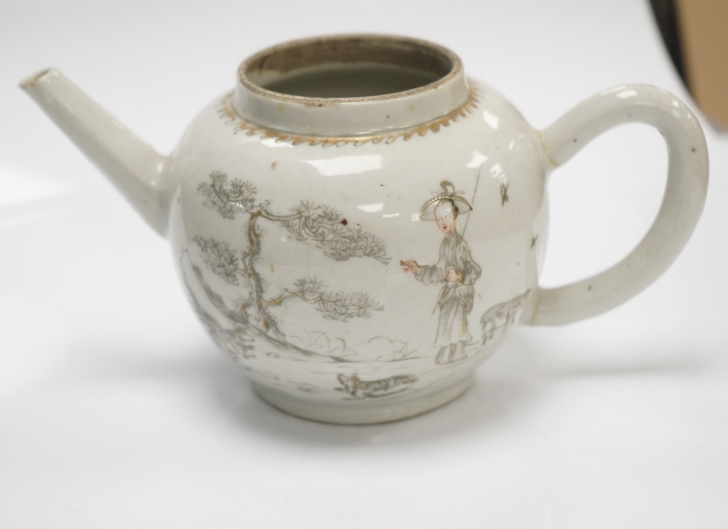 A mid 18th century Chinese ‘European subject’ teapot, lacking cover, 9cm tall. Condition - handle re-attached